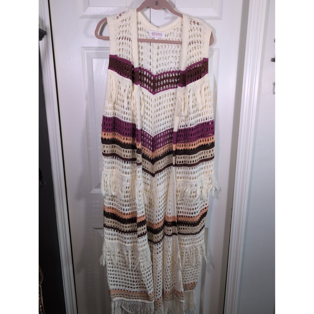 SHYANNE Women's Long Striped Crochet Fringe Sweater Vest L/XL Cream Cowgirl Boho